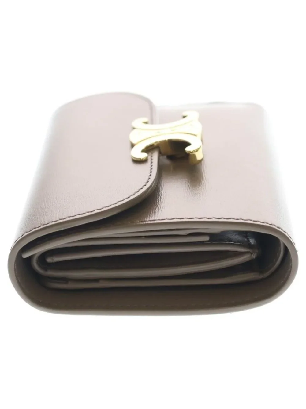 Celine Triomphe Small Flap Wallet Compact Trifold Gray Leather Gold